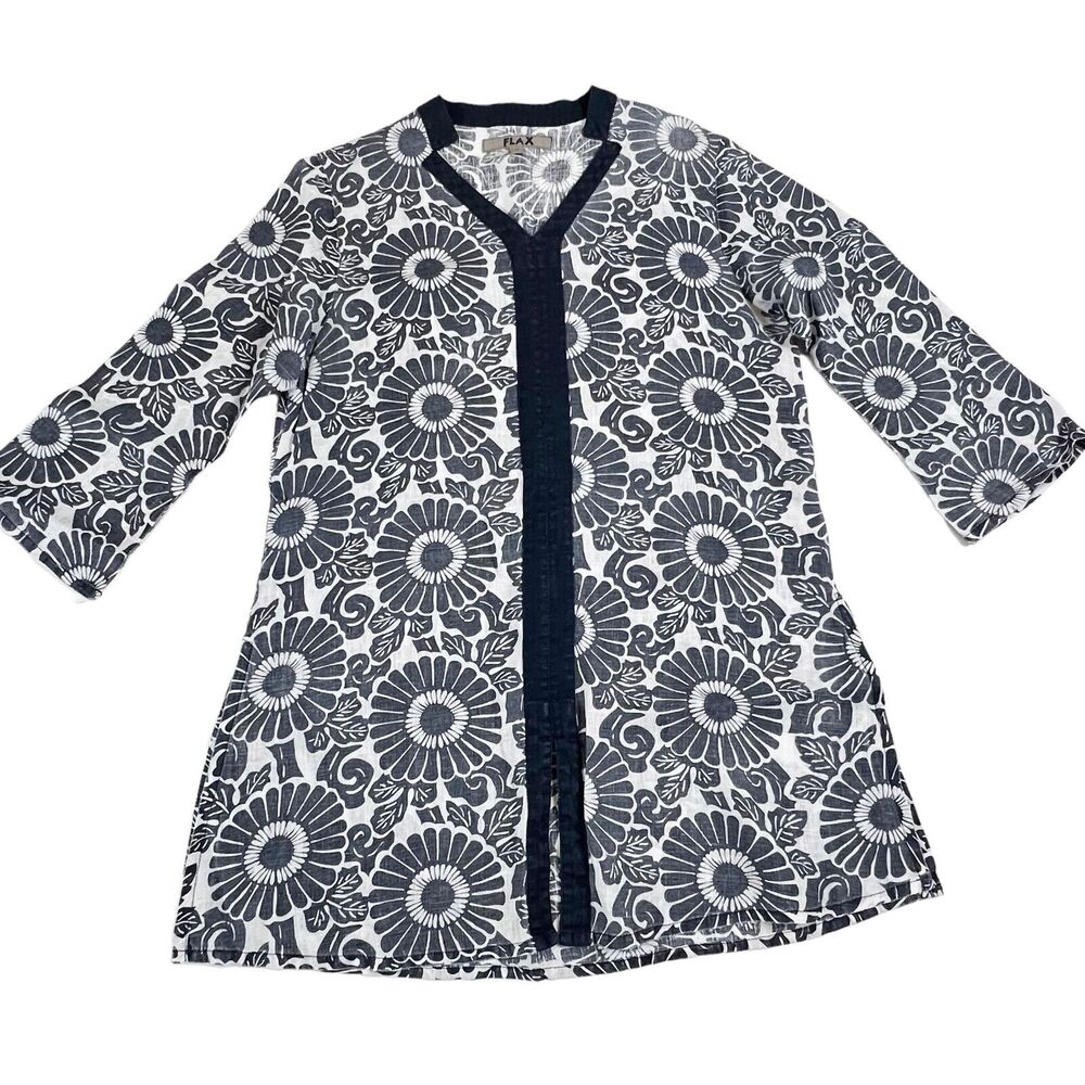 Flax Navy Floral Linen Tunic Top Sz P Lagenlook 3/4 Sleeve V Neck Oversize